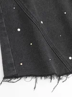 GIBSIE Plus Size Black rivet diamond denim skirt Women's summer high waist korean retro a-line bodycon raw hem mini skirts - Image 5
