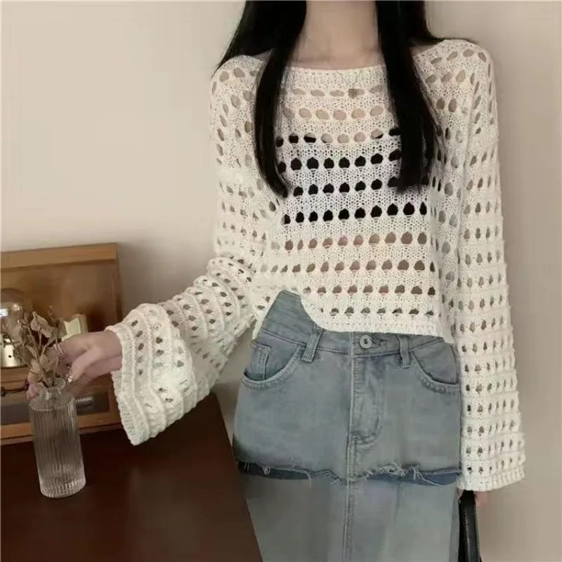 Vintage Hollow Out T-shirt Casual Knit Sweater Loose Y2K T-shirt Crewneck Thin Sweater Autumn Pullovers Fashion Streetwear