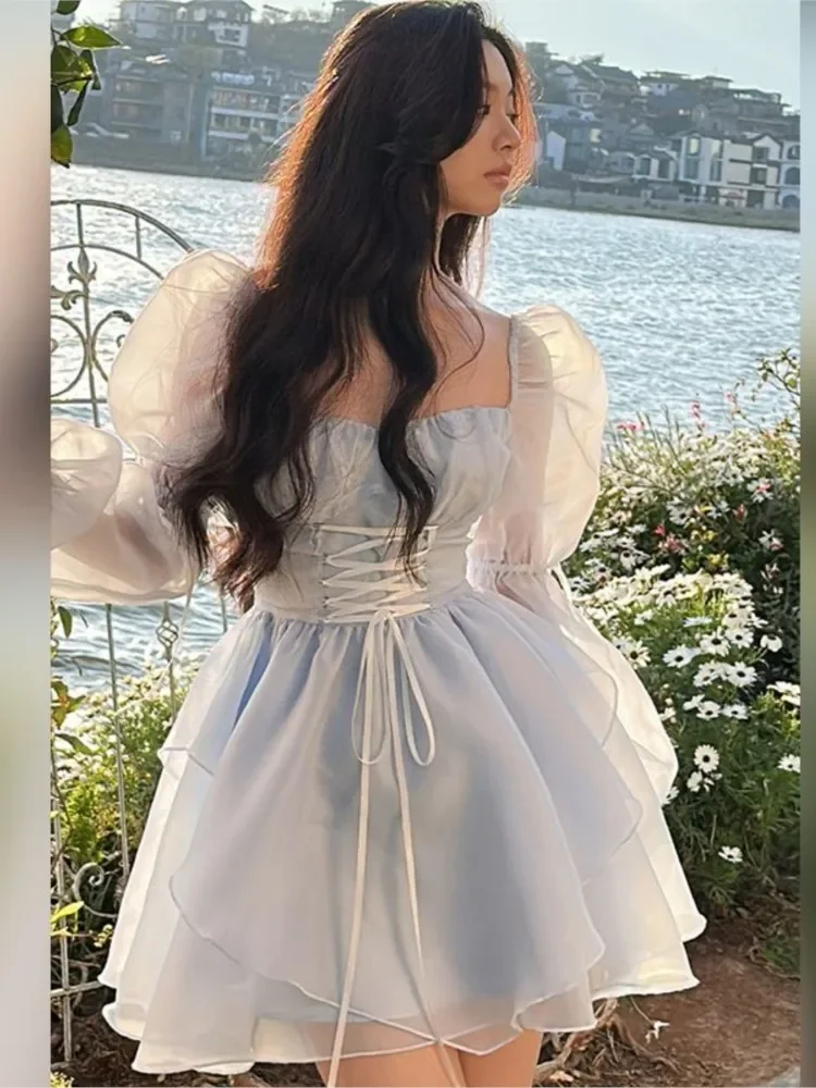 

Милое милое мини-платье, винтажное элегантное модное женское платье в Корейском стиле, женское шикарное летнее платье для выпускного вечера с пышными рукавами Феи принцессы, 2023