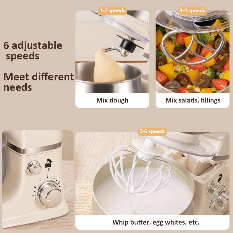 3-IN-1 Electric Stand Mixer 6-Speed with Pulse Button Dough Hook Beater Whisk for Home Cooks Food Beater 220V EU Plug