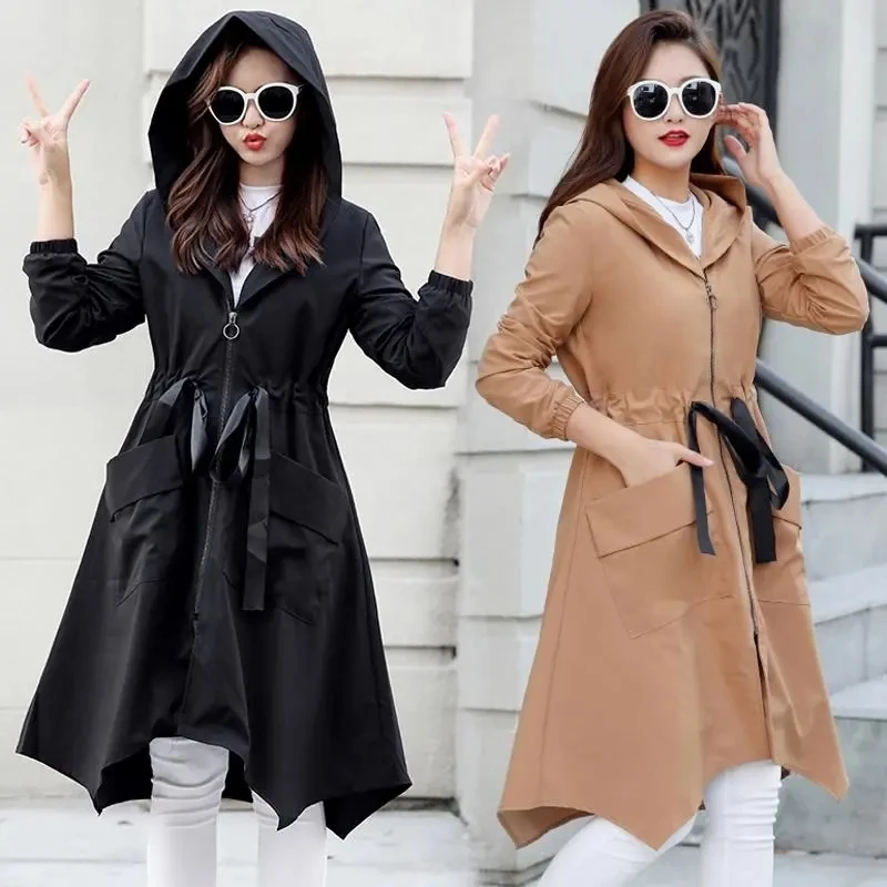 

Women's Trench Coat With Irregular Hood A-line, Elastic Zipper Jacket Extra Windbreaker Loose Street Leisure Commute Pocket 2023