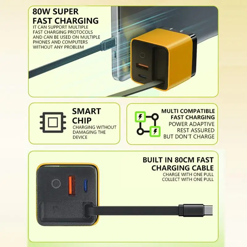 Retractable Phone Charger Wall Plug Socket Adapter Fast Charging Adapter Multifunctional 80W Splitter for Desktop Home