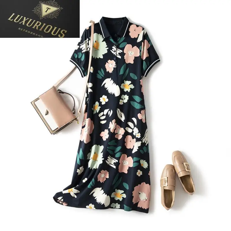 

Summer Dress For Women Elegant Casual Polo Collar Cotton Print College Wind Over The Knee Short Sleeve Dresses Woman