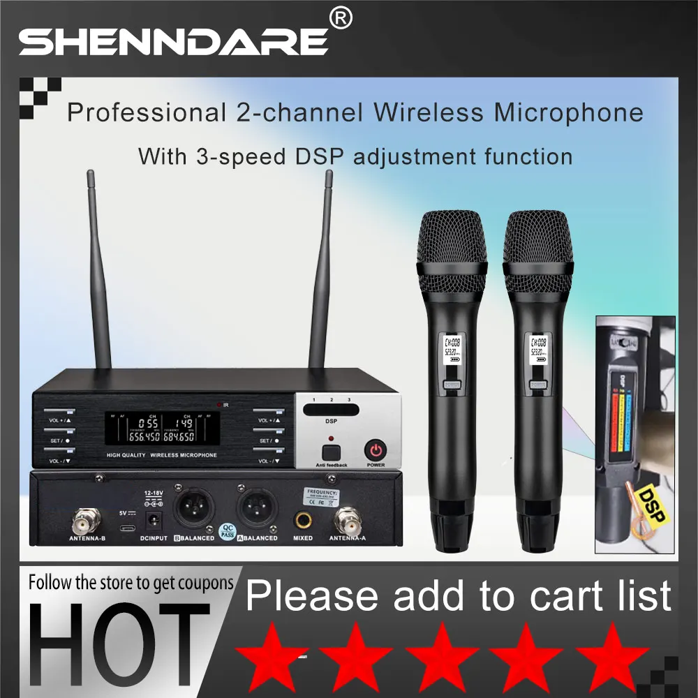 ShennDare 2 채널 전문 UHF 무선 마이크, 가정용 KTV 무대 공연, DSP 무선 핸드헬드 마이크, 640  690MHz
