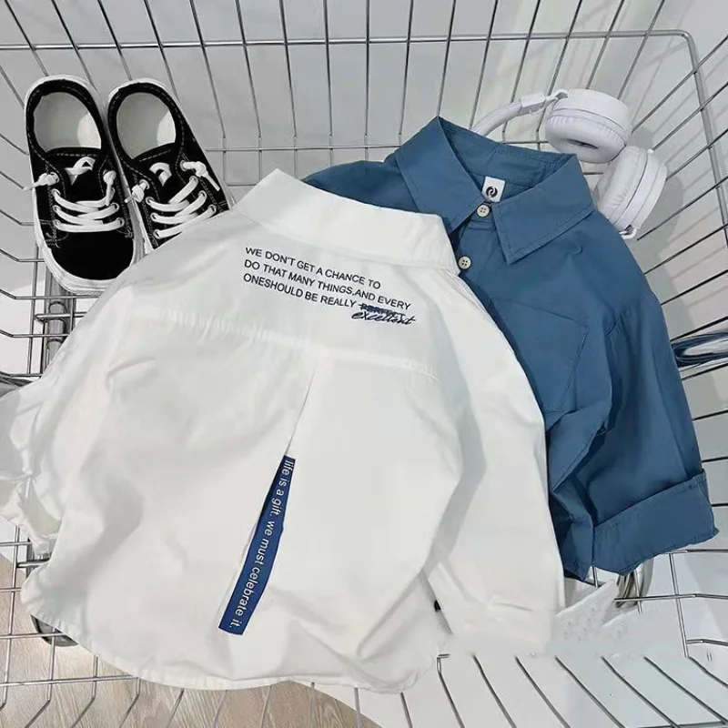 Boys Long Sleeve Shirts Spring Summer Lapel Solid Color Printed Fashion Trend Korean Version Casual Cotton