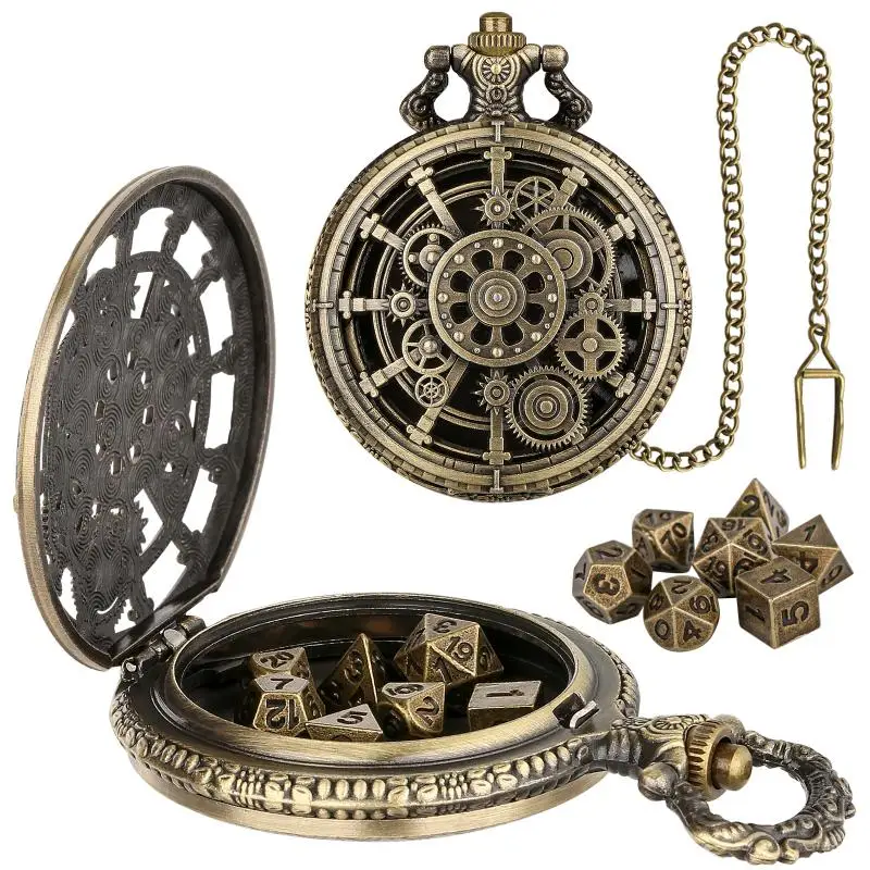 Bronze Hollow Gear Taschenuhrengehäuse mit FOB-Kette, 7-teiliges polyedrisches Würfelset aus Metall, Rollenspiel-Brettspiele-Zubehör