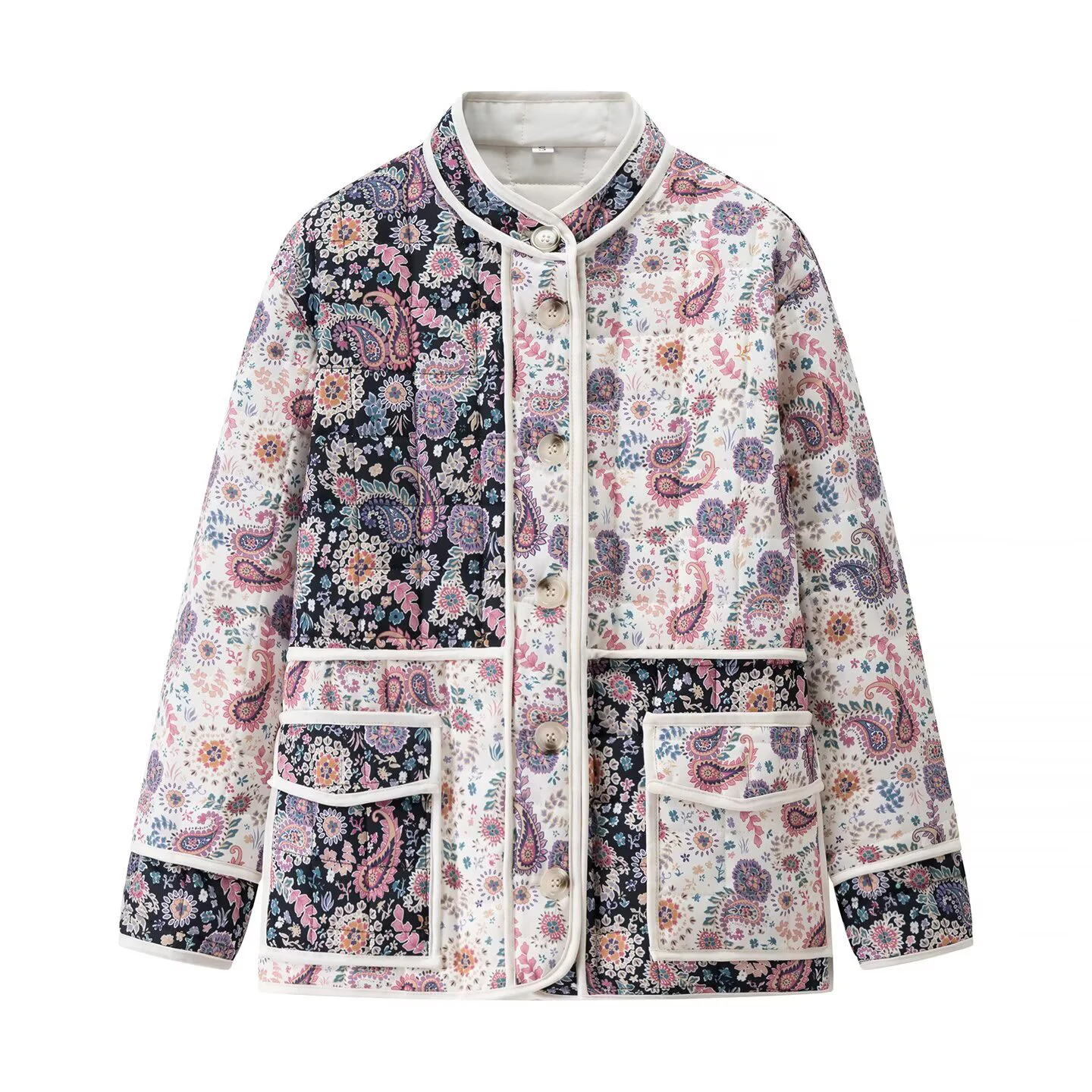 Vestes d'hiver pour femmes UK Manteau rembourré Patchwork Veste matelassée avec imprimé floral pour femme Veste courte à imprimé floral Couleur unie Manches longues Fermeture éclair intégrale Manteau