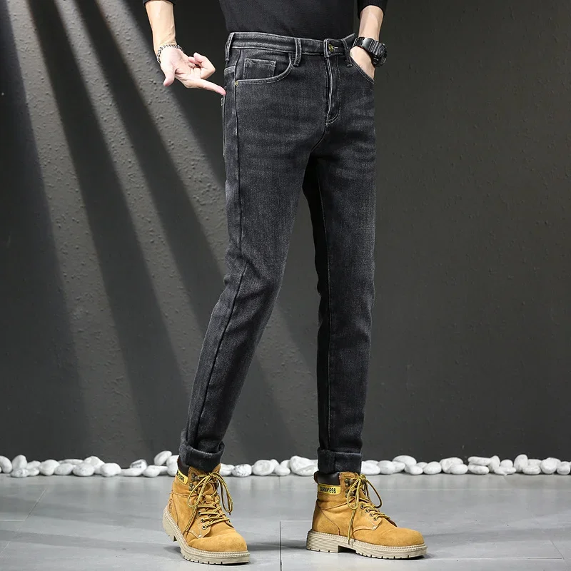 Men Embroidered Fleece Jeans Slim Fit Small Foot Pants Elastic Waist Suitable Casual Scenarios Cotton Material