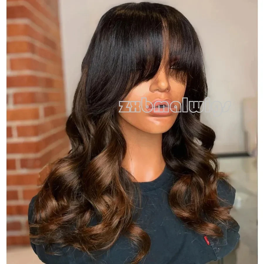 

Bangs Wavy Long Body Wave Ombre Brown Hair Synthetic Lace Front Wigs Glueless Preplucked Heat Resistant Hairline Wig