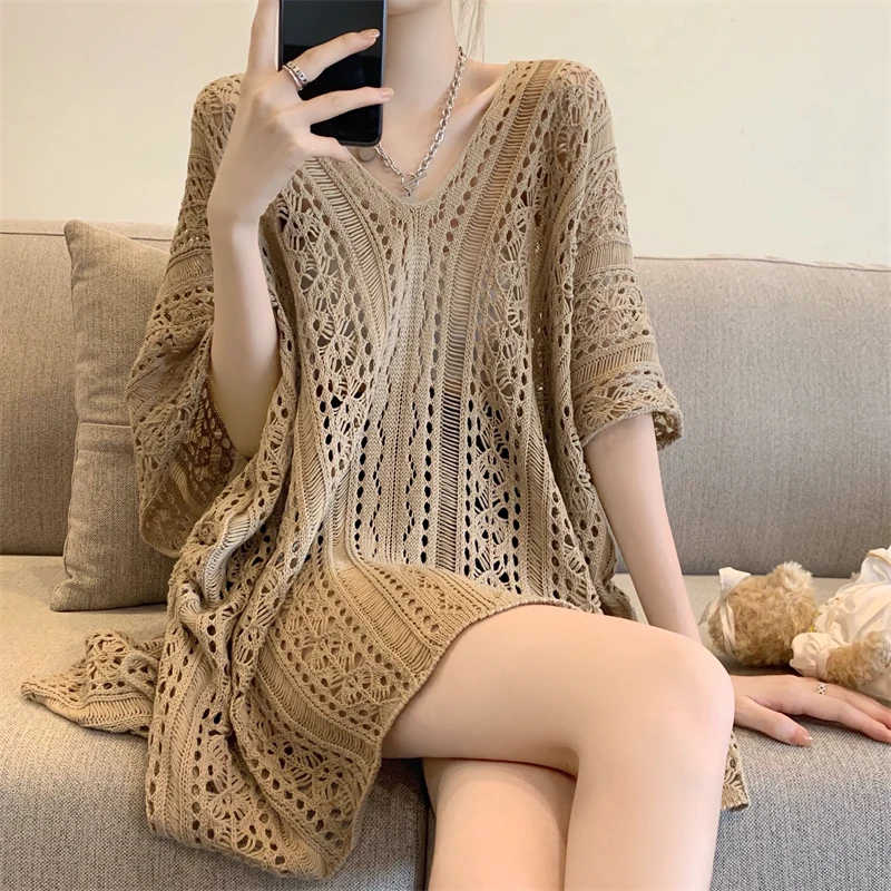 

Sexy Summer Women Tops Sunscreen Autumn Casual Blouse Fashion Women Loose V-neck Hollowed Out Knit Shirt for Women