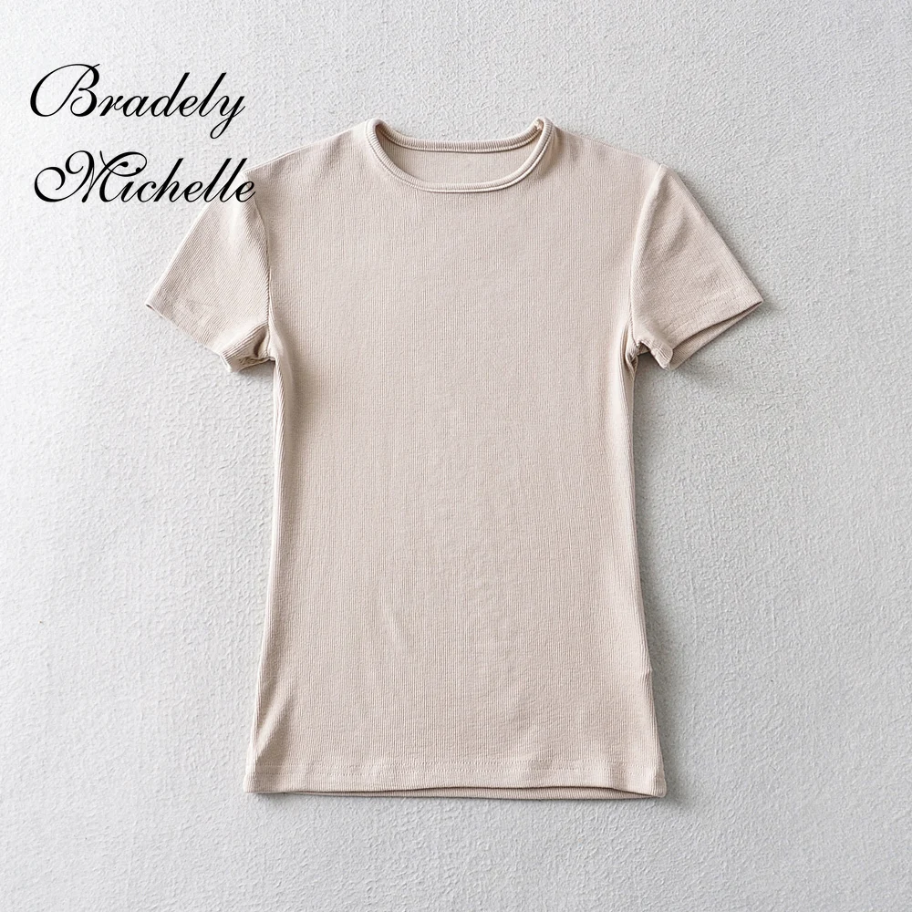 Bradely Michelle Casual Summer Woman Skinny Fit T-shirt Tight Short-Sleeve O-neck Tee Basic Solid Crop Tops T Shirt