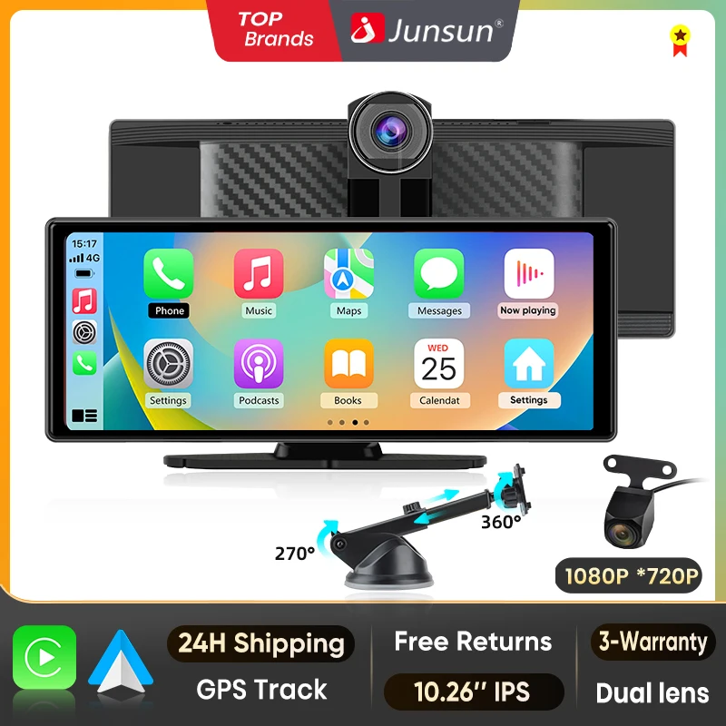 Junsun 10,26 "cámara DVR para coche 4K cámara inalámbrica CarPlay Android Auto Ai pantalla Dash Cam tablero grabadora de vídeo de doble lente GPS FM AUX