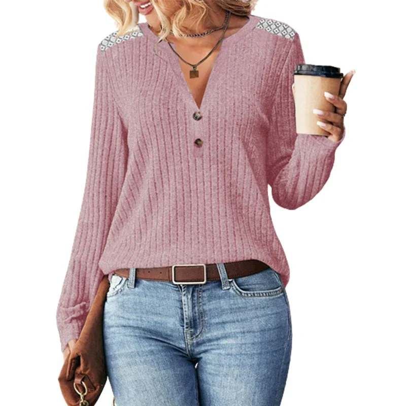 Elegant Shoulder Lace Decoration Sweatshirt Women Fashion Deep V Neck Button Splicing Pit Stripes Sweatshirt Autumn Knitted Tops