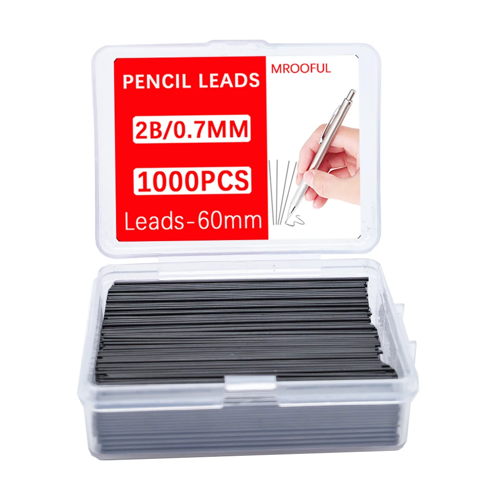 1000Pcs 기계식 연필심 대용량 교체 가능 연필 리필 0.5 0.7mm 2B 자동 연필심(튜브 2개 포함)