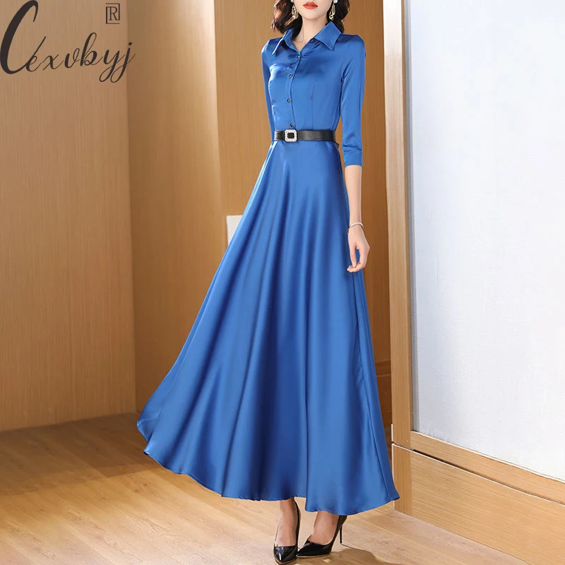 Women Summer Turn Down Collar Long Dresses 2023 French Style Solid Colors Vestidos De Fiesta Plus Size Elegant Satin Dress