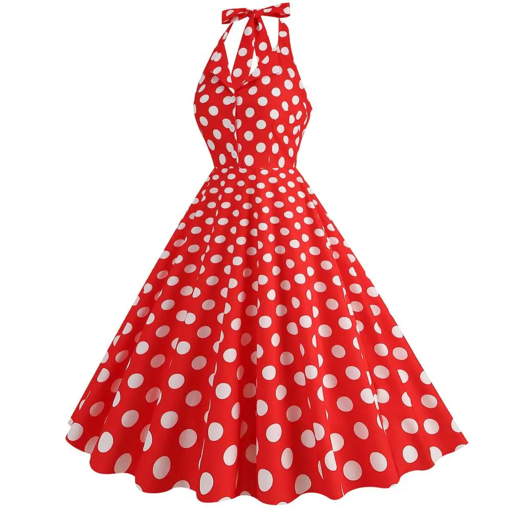 

Retro Dress Dot Print A-line Midi Dress with Lace Up Backless Halter Neck High Waist Button Dress