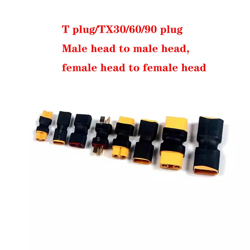 Connecteurs batterie RC T Plug et XT30 femelle en plastique noir, avec câbles attachés pour installation.