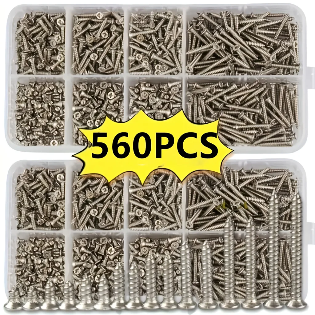 Box of 560 Self-Tapping Wood Screw Set 8 Different Sizes of M2 Flat Metal Screw Classification Kit