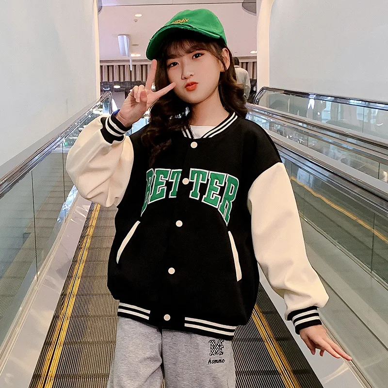 

Teen Girls Spring Autumn Fashion Bomber Jackets Kids Baseball Uniform Children Sport Coat Loose Students Outerwear 6 8 10 11 12Y