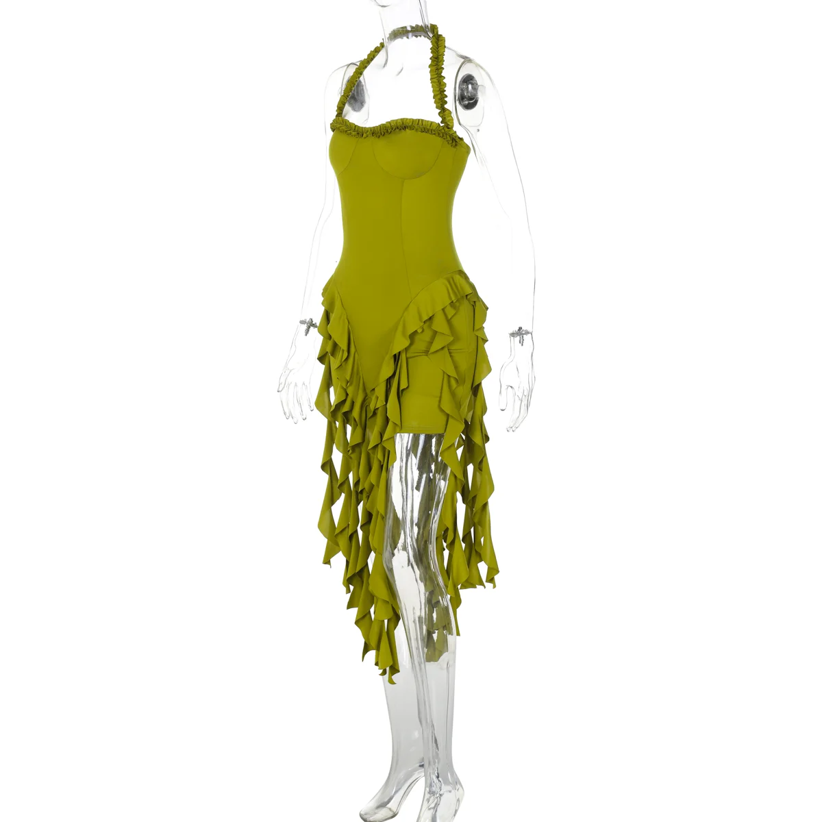 Halter Mini Dress - Womens Ruffled Patchwork Party Outfit