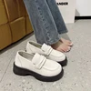 Retro black thick soled small leather shoes for women in autumn French style thick heels and round toe white loafers 4