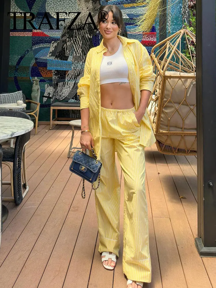 HH Women Yellow Striped Blouse Pant Sets Casual Button Long Sleeve Shirt Loose Drawstring Straight Trousers Streetwear Suit
