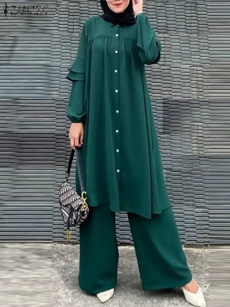 

2023 ZANZEA Elegant Suit Women Muslim Blouse &Wide Leg Pant Sets Stylish Solid Long Shirt Female Pantsuits Autumn Tracksuits