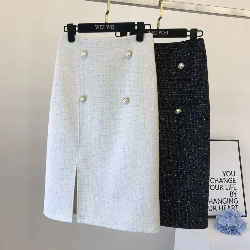 HOUZHOU Elegant Tweed Midi Skirt Women Autumn Winter 2023 Fashion Button High Waist Slim Split Bright Silk Pencil Skirt Vintage huawei m pencil stylus matepad pro dedicated stylus 4096 pressure bright silver