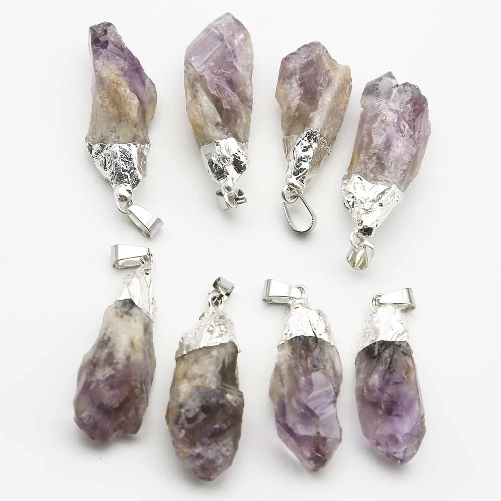 Natural Raw Ore Amethyst Silver Plated Irregular Pendant Necklace Healing Charms Fashion Jewelry Accessories Gift Wholesale 8Pcs