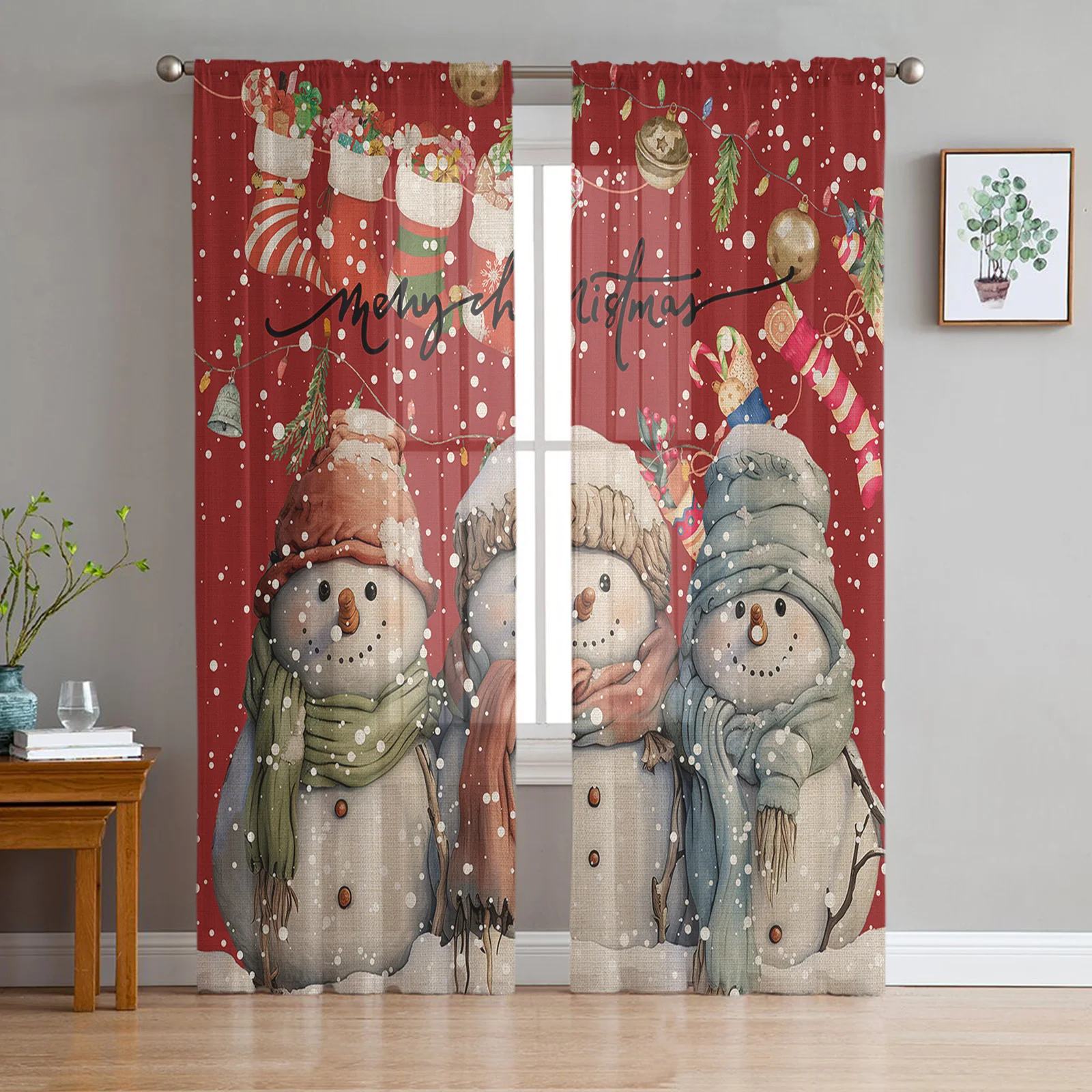 

Christmas Snowflake Snowman Sheer Curtains for Living Room Bedroom Tulle Curtain for Kitchen Voile Curtain Blind Panels