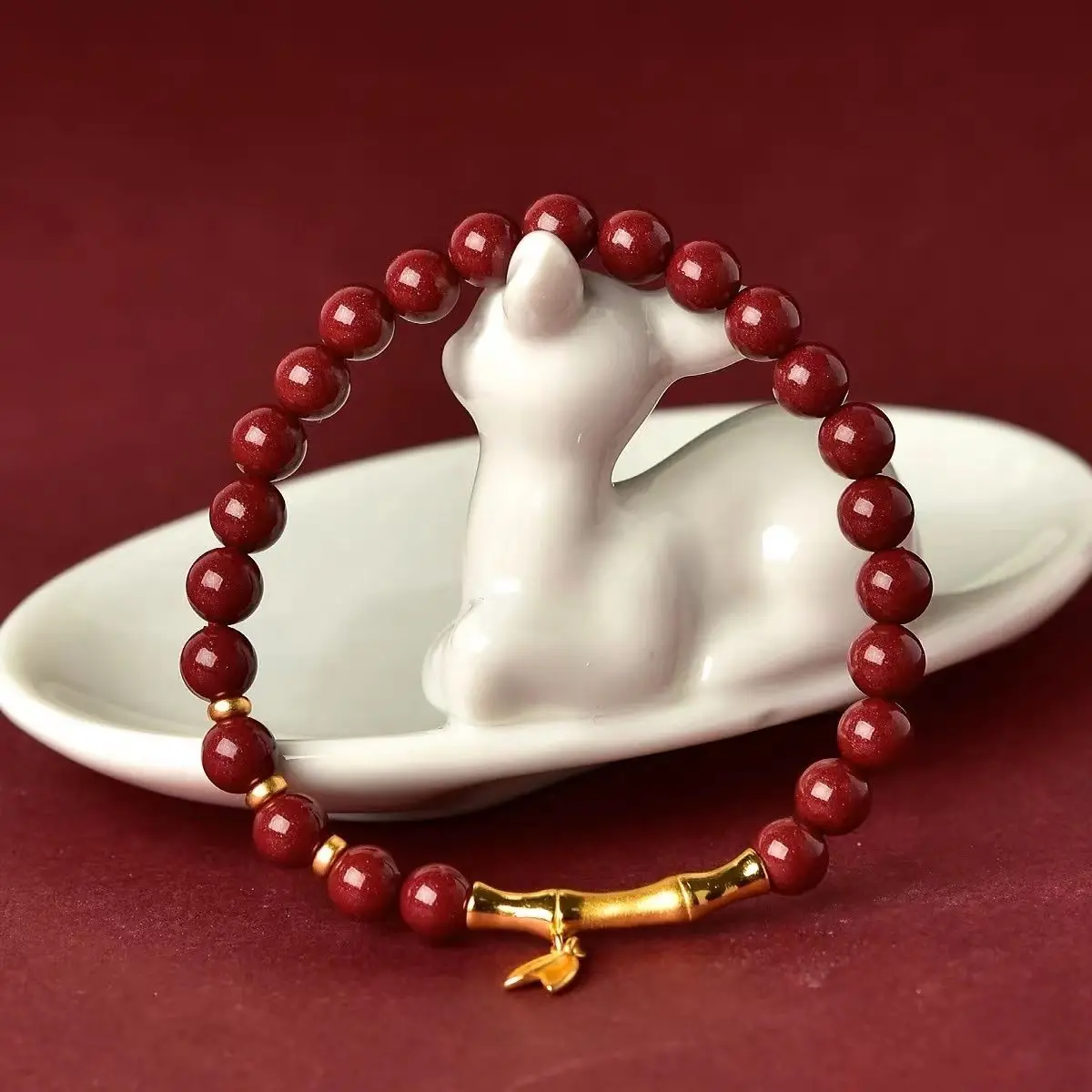 High Content Cinnabar Bracelet Real 24K Gold Plated Bamboo Charms 6MM Women's HandString Jewelry Bring In Wealth and Treasure