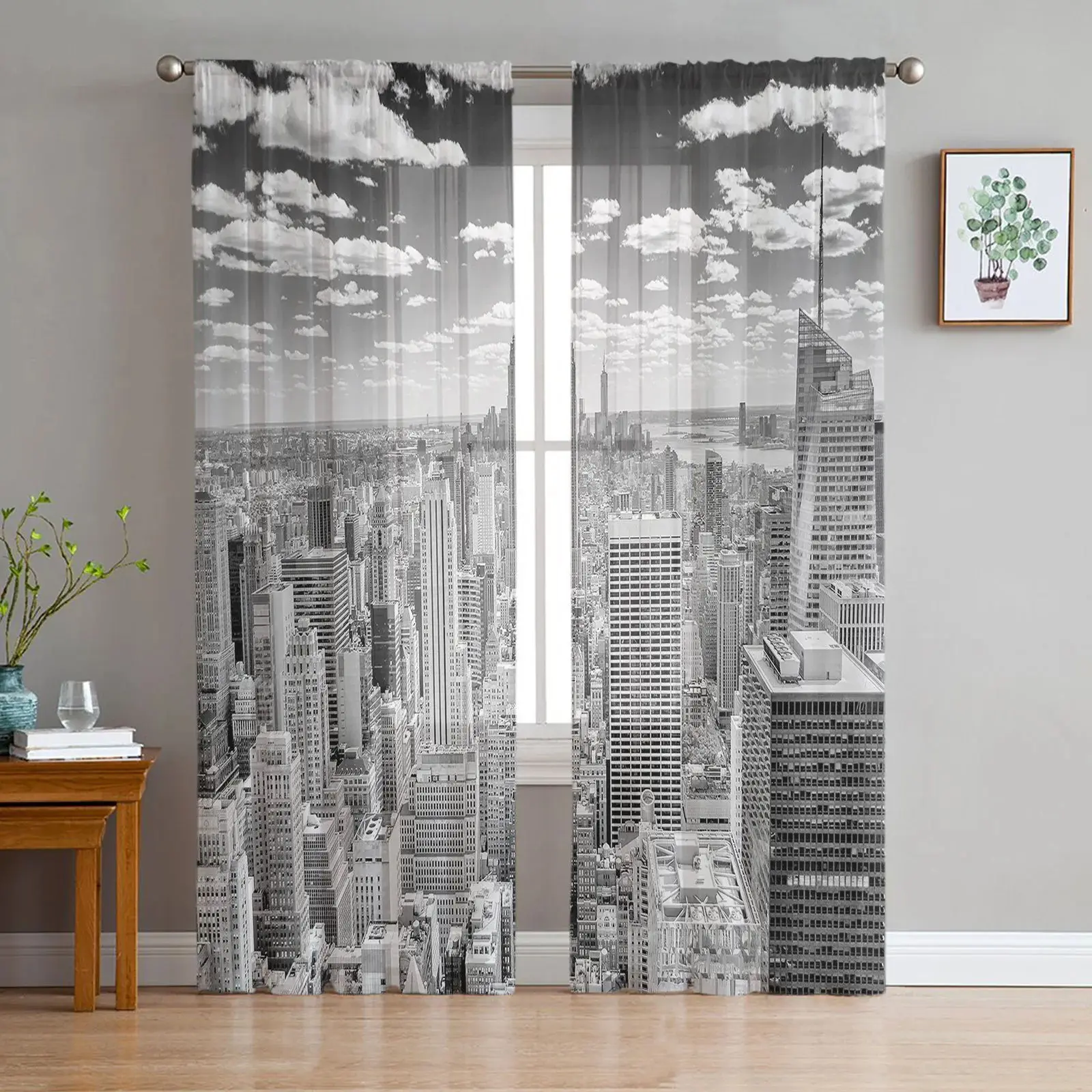 

Black And White Landscape Printed Curtains Of Urban Architecture, High-Rise Buildings, Suitable For Bedroom, Office, Kitchen