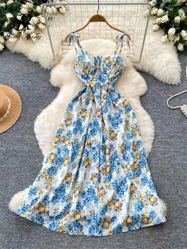 SINGREINY Holiday Print Sundress Female French Lace Up Shirred Slim Classic A-line OL 2026 Summer Beach Casual Floral Long Dress 1