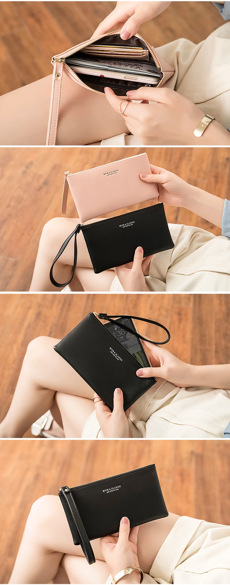 Einfache einfarbige dünne lange Brieftasche aus PU-Leder mit großer Kapazität und Reißverschluss, klassische Mode-Damenhandtasche, bietet Platz für Mobiltelefone – Detail 4