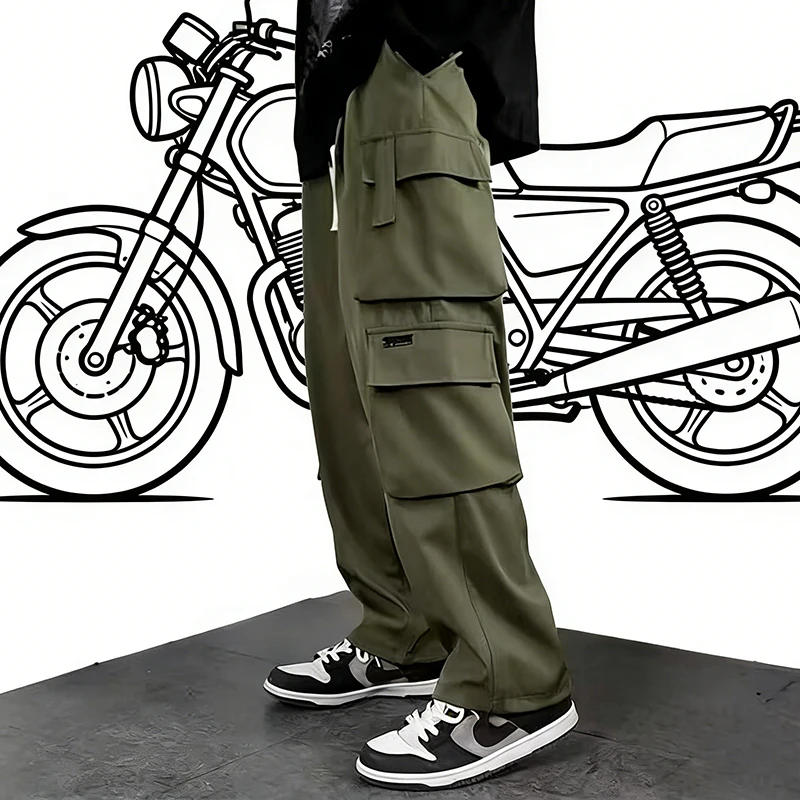 오토바이 남성 바지 브랜드 의류 작업복 와이드 레그 팬츠 남성 루즈 하이 스트리트 트렌디 카고 바지 남성 하의 힙합