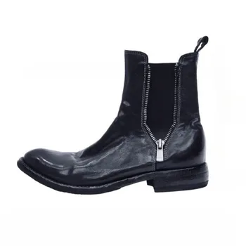 Classic British Style Concise Washed Genuine Leather Pointed Toe Zipper Elastic Chelsea Ankle Boots Women Work Shoes Horsehide