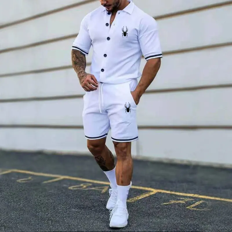 Summer Trend Men's Set New Casual Sports Suit Striped With Color Matching Lapel Short-sleeved Men's Shirt And Shorts Two-Piece