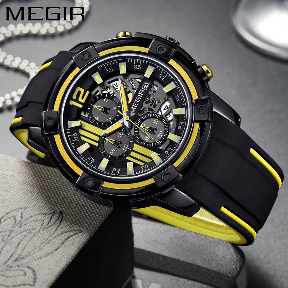 Megir Orologio Uomo Sportivo Giallo: Cronografo Al Quarzo Con Data, Cinturino In Silicone, Lancette Luminose, Impermeabile 3 ATM