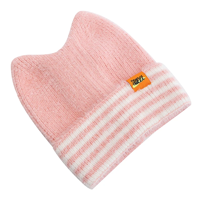 New Cat Ear Y2K Beanie Hat Sweet Label Winter Hats For Women Candy Colors Stripes Soft Warm Cap