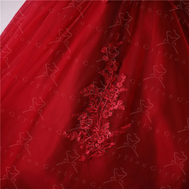 Quinceanera Party Dress New Dark Red Classic Off Shoulder Ball Gown Luxury Lace Sweet Flower Prom Real Photo party dress quinceanera dresses