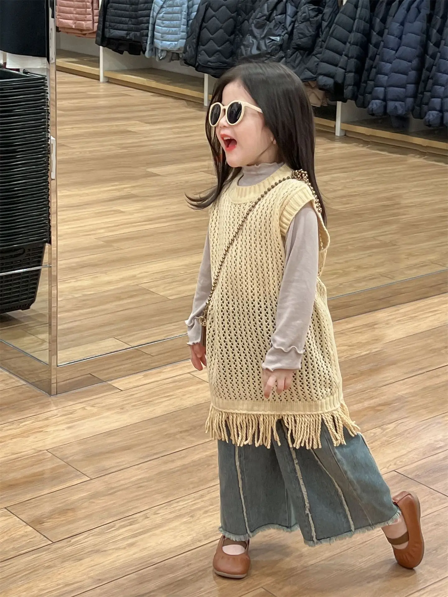 Spring New Korean Style Children Fashion Girl Knitted Vest Skirt Little Girl Knitted Hollow Sweater Vest
