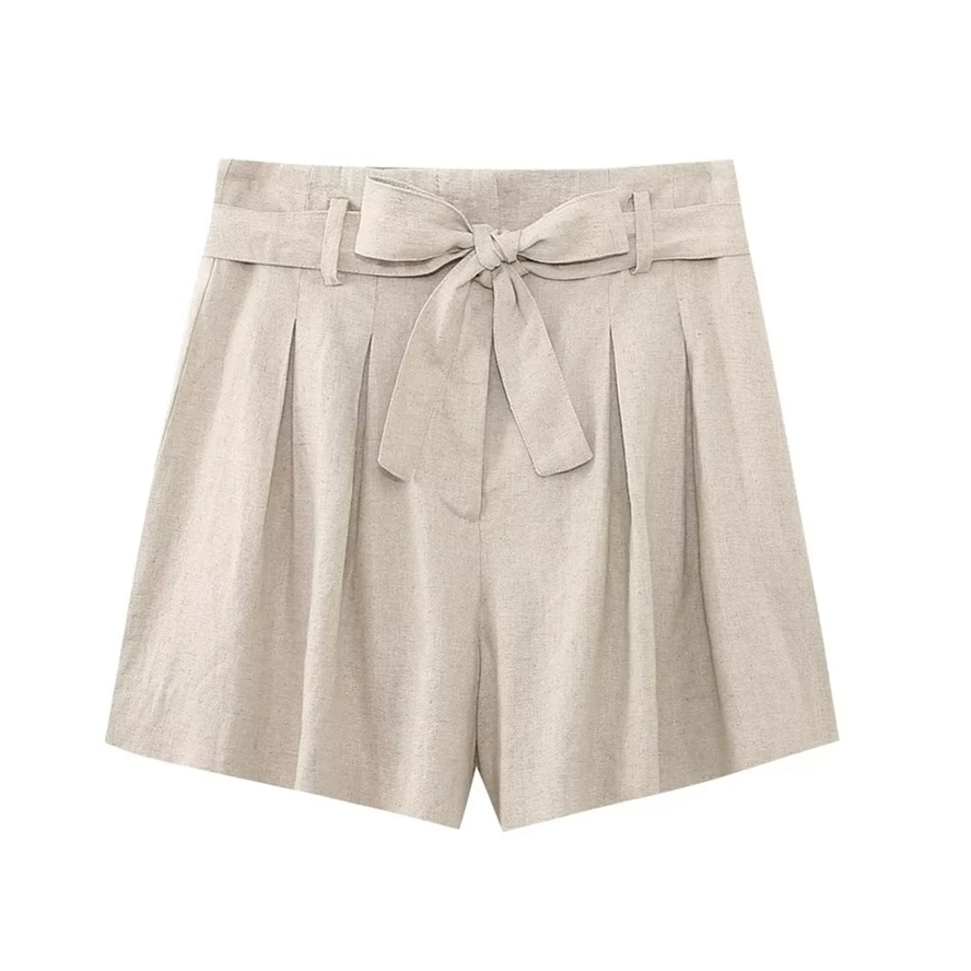 

Withered Belted Ladies Loose Beige Lounge Shorts French Country Linen Bermuda Women
