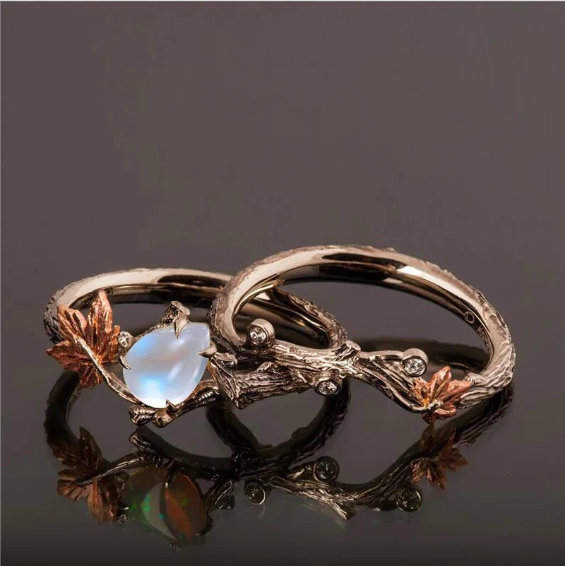 Vintage Women's Fashion Antique Gold Twig Maple Leaf Moonstone Ring Set Anniversary Gift Engagement Bridal Wedding Jewelry Rings