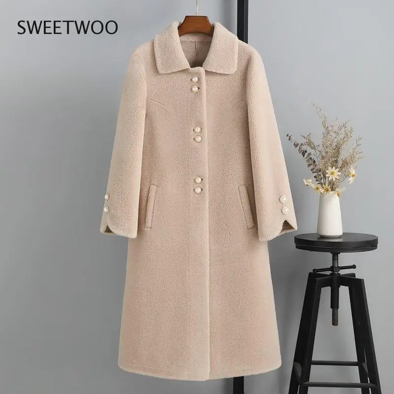 Women 2022 Winter New Fashion Mid-Long Sheep Shearing Coats Female Real Lamb Fur Outwears Ladies Solid Color Slim Jackets Tide