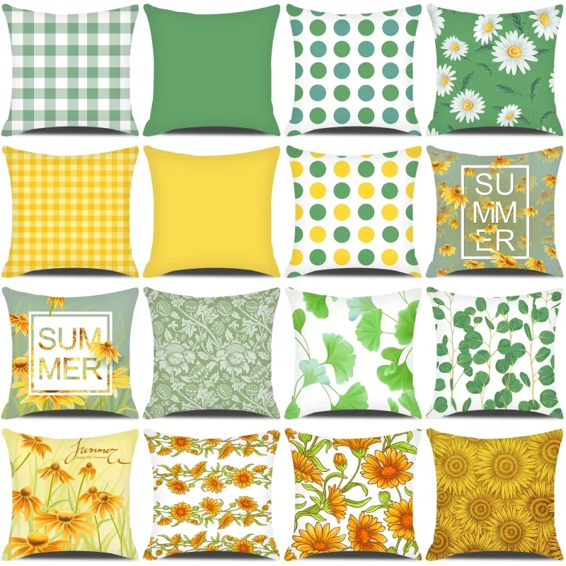 Green Yellow Plaid Pillowcase Daisy Flower Print  Summer Home Decor Cushion Cover Sofa Car