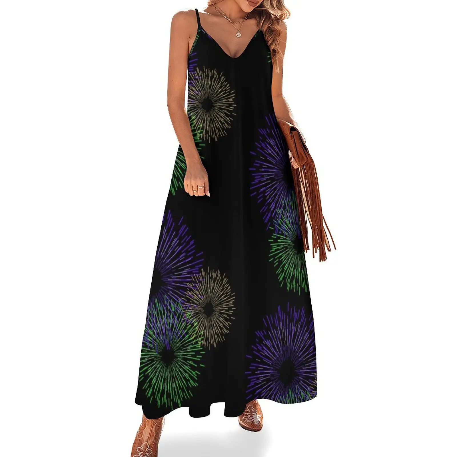 Green Purple and Gold Fireworks Sleeveless Dress Women's summer long dress