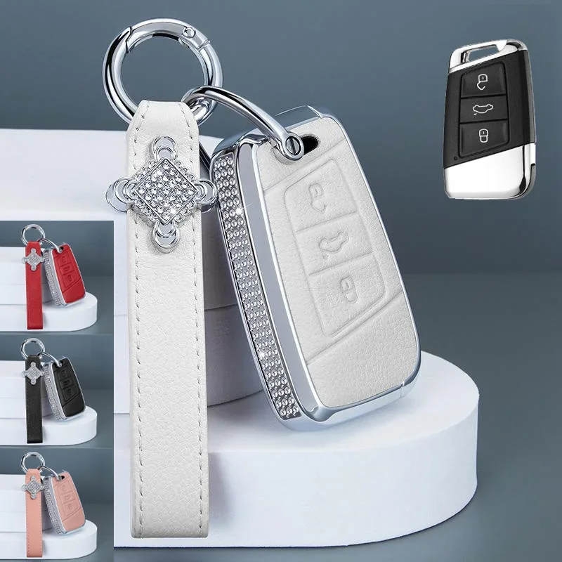 Bling Diamond Leather Metal Car Key Fob Cover Per Vw Passat B8 Jetta Skoda Arteon Atlas Teramont Skoda Superb Skoda Kodiaq
