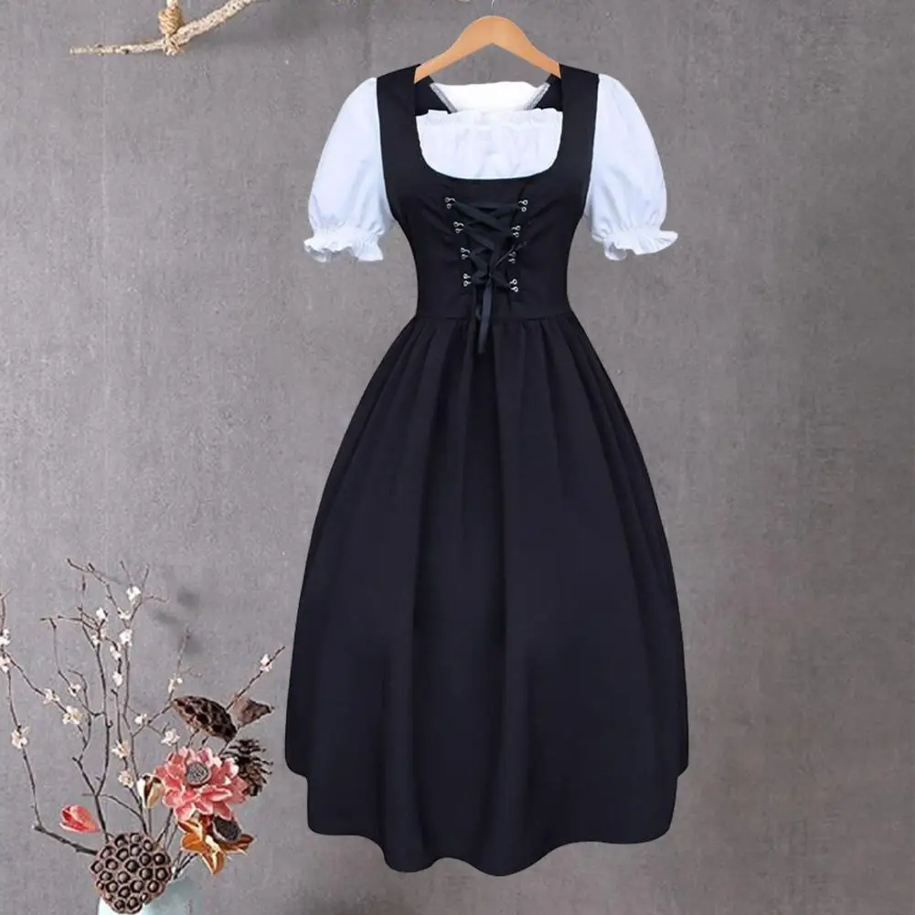 

Lace-up Bowknot Dress Medieval-inspired Women's Color Block Dress with Square Collar Puff Sleeves Sheer Trim A Literary Maid's