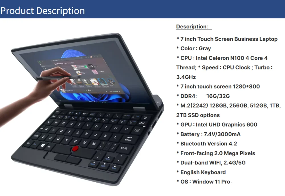 7 Inch Mini Laptop Intel N100 Notebook Touch Screen Portable Netbook Windows 11 Mini PC Micro Computer Bluetooth 4.2 16GB 1TB