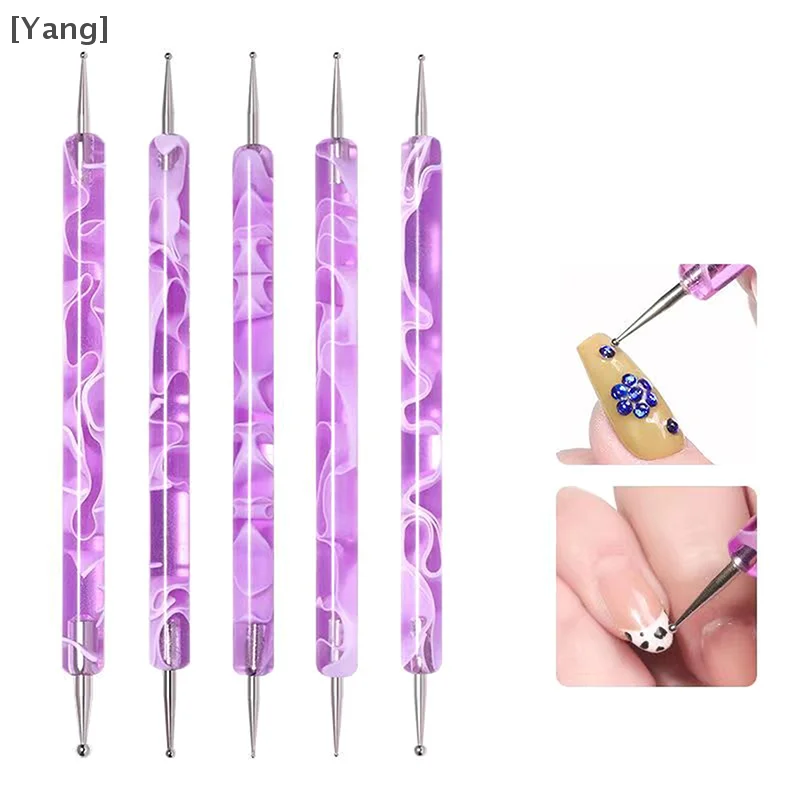 5pcs/Set Dual-Ended Nail Art Dotting Pen With Rhinestones Handle 3D UV Gel Liner Flower Pattern Drawing Painting Brush Tool Kits 3